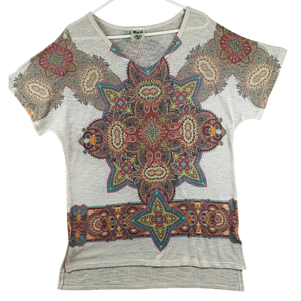 Vocal Knit Top Womens XL Tan Paisley Studded Boho High Low Made in USA 12871S